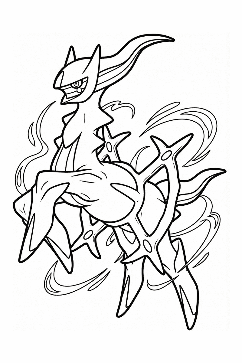 Dibujo de arceus para colorear, el dios Pokémon, rodeado de energía para colorear