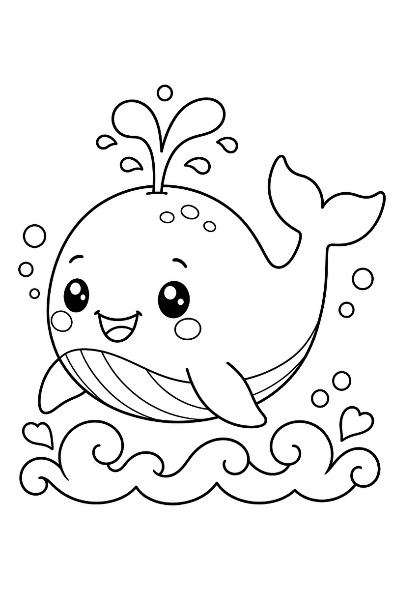 Ballena kawaii sonriente con chorrito de agua, olas, burbujas y corazones para colorear