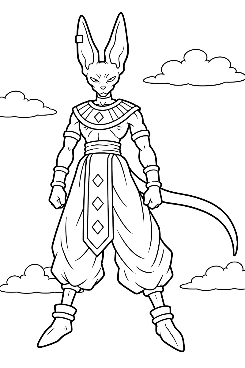 Bills para colorear de Dragon Ball Super con orejas largas, cola curvada y puños cerrados