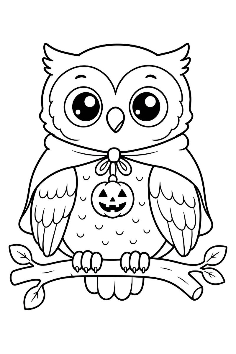 Búho de Halloween con capa, colgante de calabaza y rama para colorear
