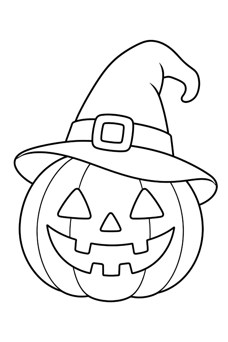 Calabaza sonriente con sombrero de bruja puntiagudo y hebilla para colorear