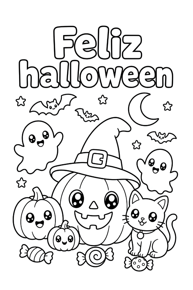 Feliz Halloween para colorear con calabaza bruja, fantasmas, gato, murciélagos y caramelos