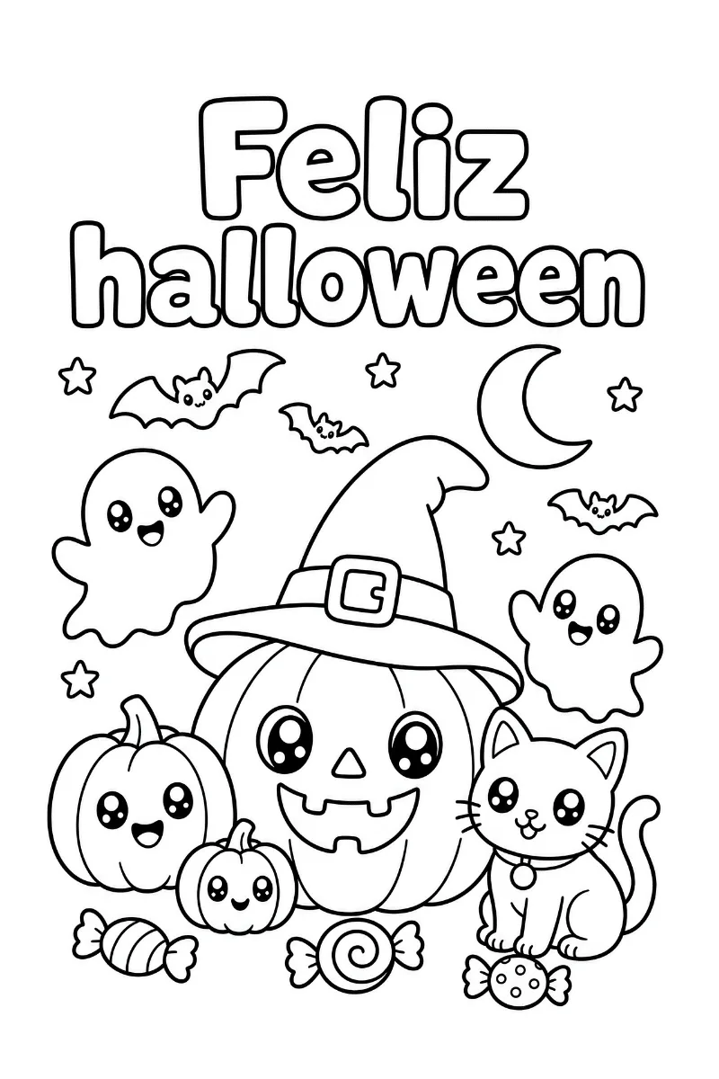 Feliz Halloween para colorear con calabaza bruja, fantasmas, gato, murciélagos y caramelos