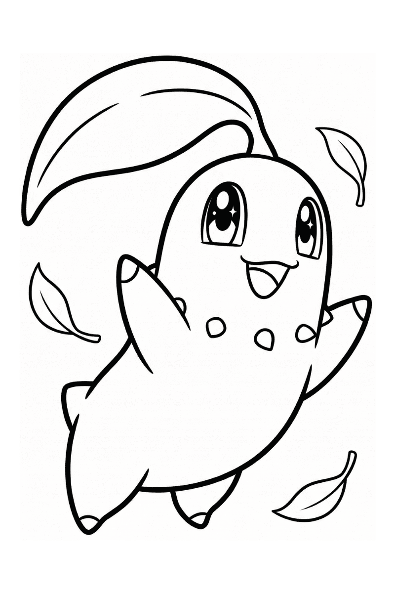 Ilustración en blanco y negro de chikorita para colorear pokemon tipo planta estilo anime