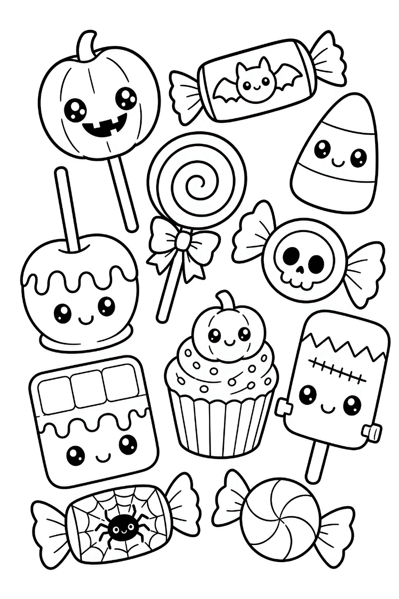 Dibujo de chuches de Halloween con calabaza, murciélago, calavera, araña y polo de monstruo