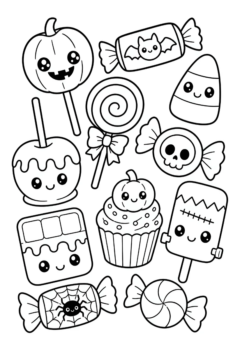 Dibujo de chuches de Halloween con calabaza, murciélago, calavera, araña y polo de monstruo