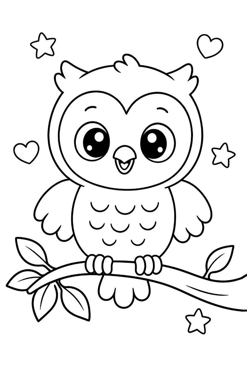 Dibujo búho kawaii posado sobre una rama con hojas, estrellas y corazones para colorear