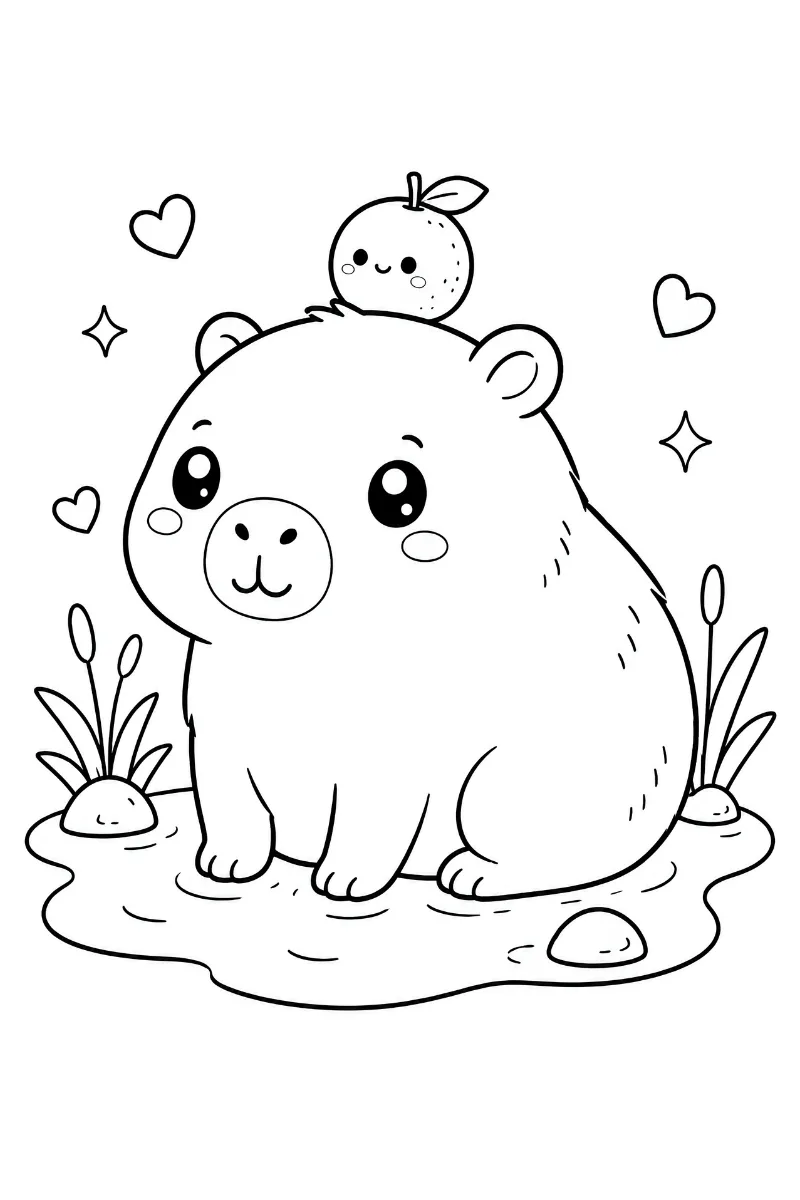 Dibujo de capibara kawaii para colorear con fruta, agua, piedras, plantas y pequeños destellos