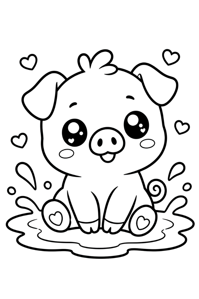 Dibujo de cerdito kawaii con hocico grande, cola enrollada y charquito para colorear