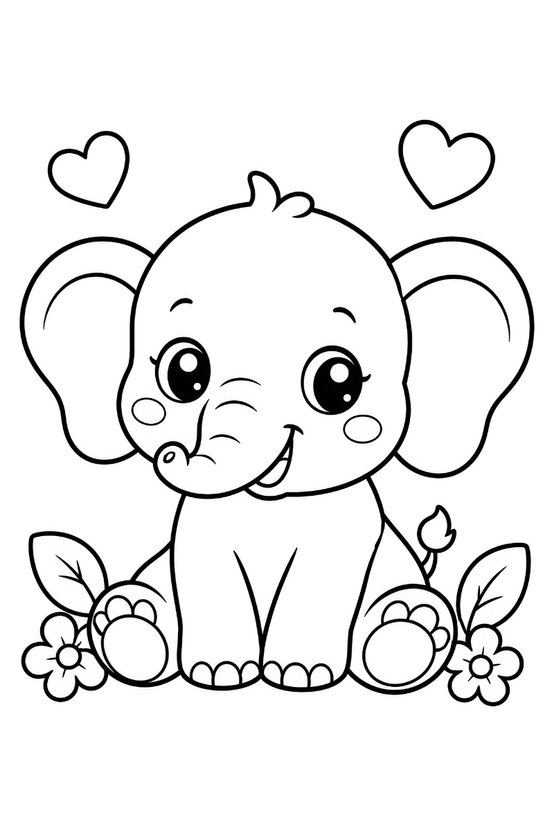 Dibujo de elefante kawaii para colorear con corazones, flores y trompa curvada para colorear
