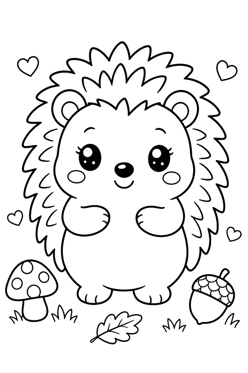 Dibujo de erizo kawaii con púas redondeadas, ojos grandes y detalles de bosque