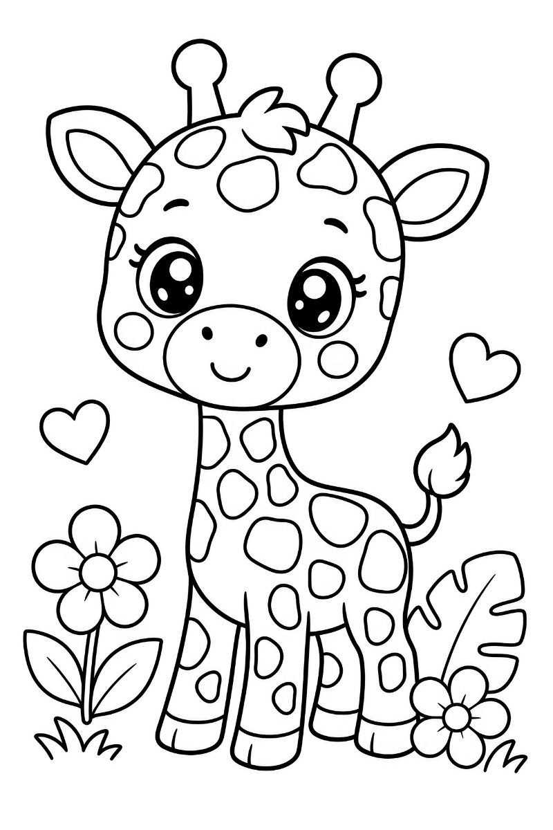 Jirafa kawaii con manchas, corazones, flores, hojas y sonrisa para colorear
