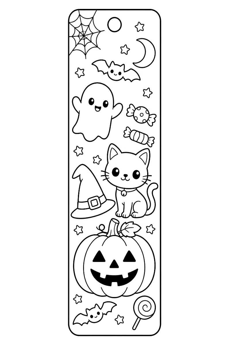 Dibujo de marcapáginas Halloween con gato, sombrero de bruja, calabaza, luna y telaraña