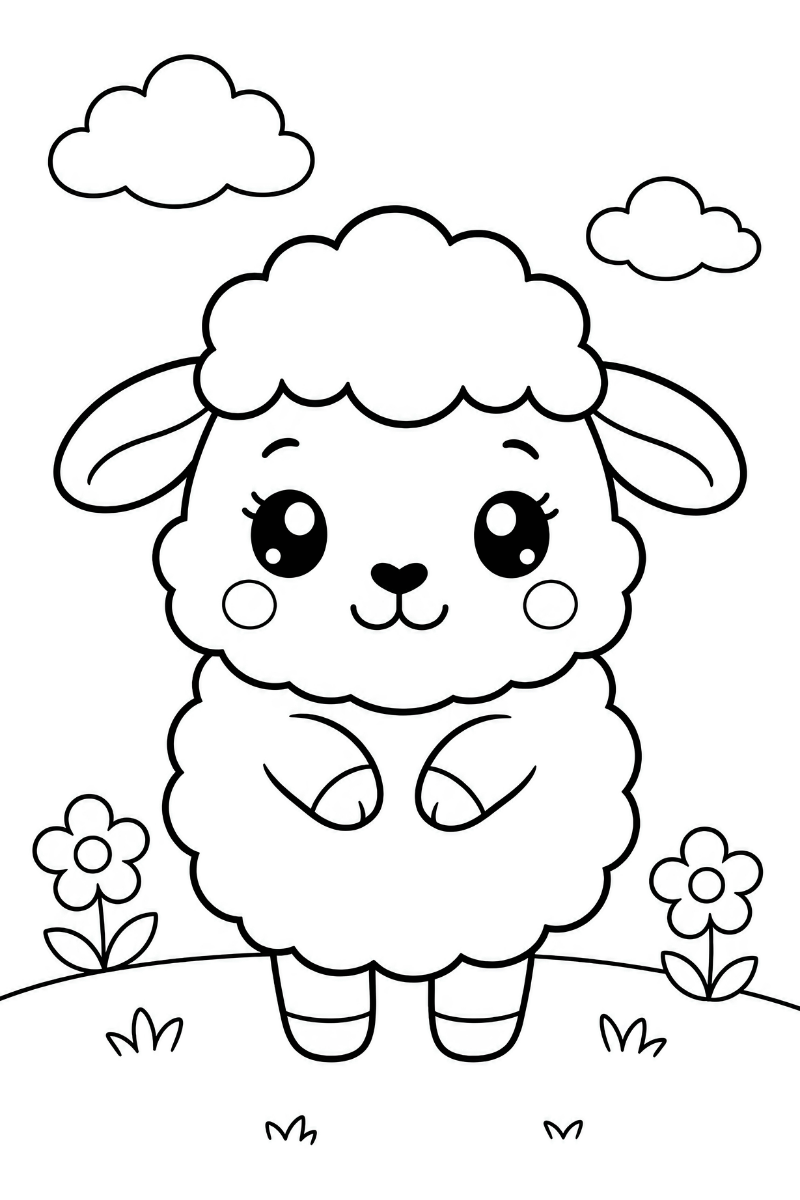 Dibujo de oveja kawaii para colorear con ojos grandes, orejas caídas y flores en el prado