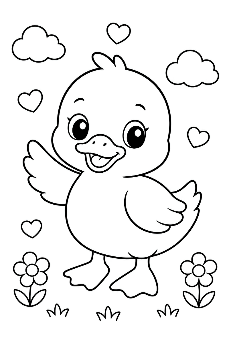 Pato kawaii de pie con alas abiertas, corazones, nubes, flores y hierba para colorear