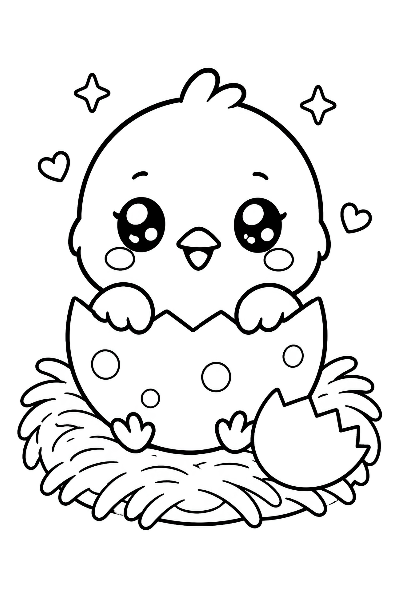 Dibujo de pollito kawaii recién nacido dentro del cascarón con nido, corazones y estrellas