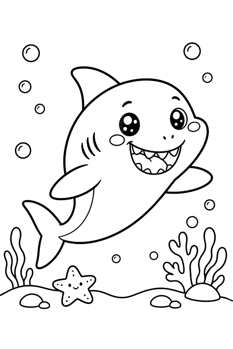 Tiburón kawaii infantil sonriendo con burbujas, algas, coral y estrella de mar para colorear
