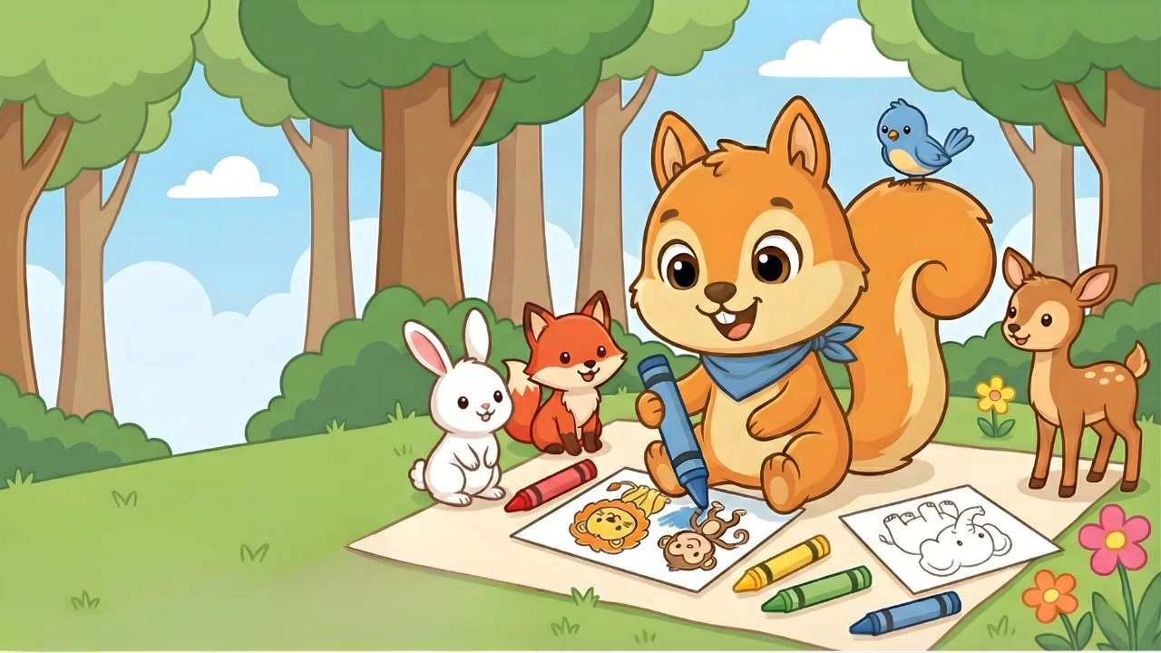 Chispas dibujando en el bosque junto a un conejo, un zorro y un cervatillo para colorear
