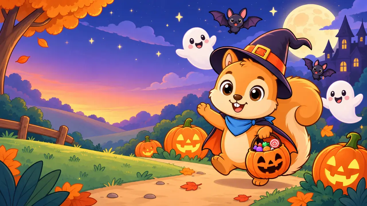 Chispas disfrazada de bruja entre calabazas y fantasmas de Halloween
