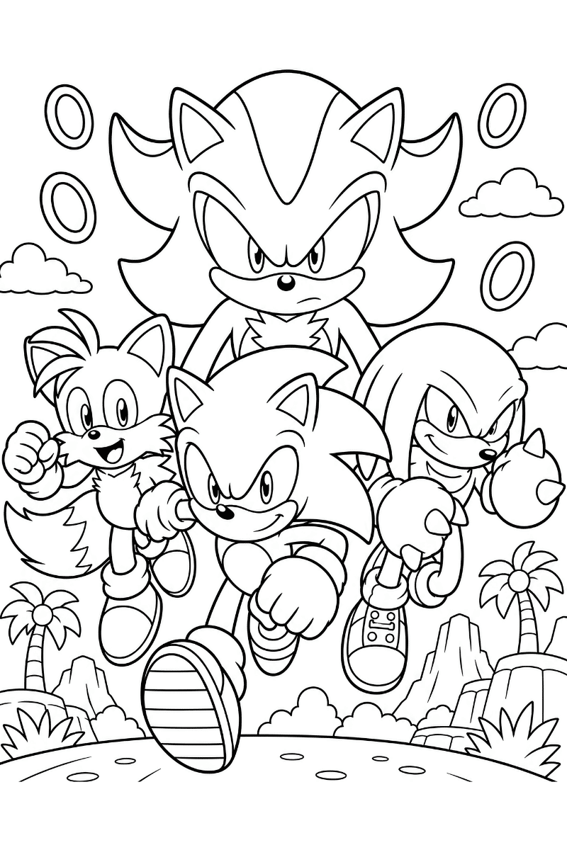 Dibujo de Sonic 3 para colorear con Sonic, Tails, Knuckles y Shadow, anillos y palmeras