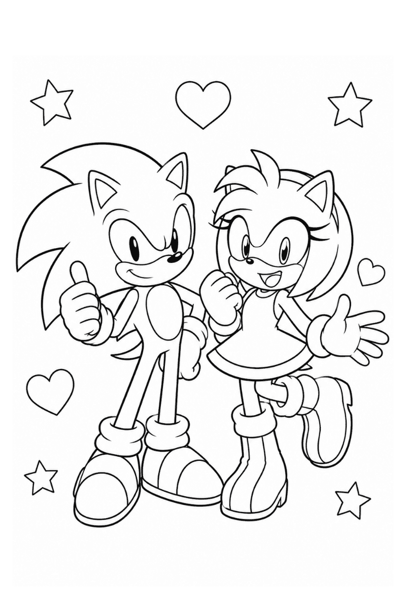 Dibujo de Sonic y Amy para colorear con corazones, estrellas, sonrisas y poses alegres