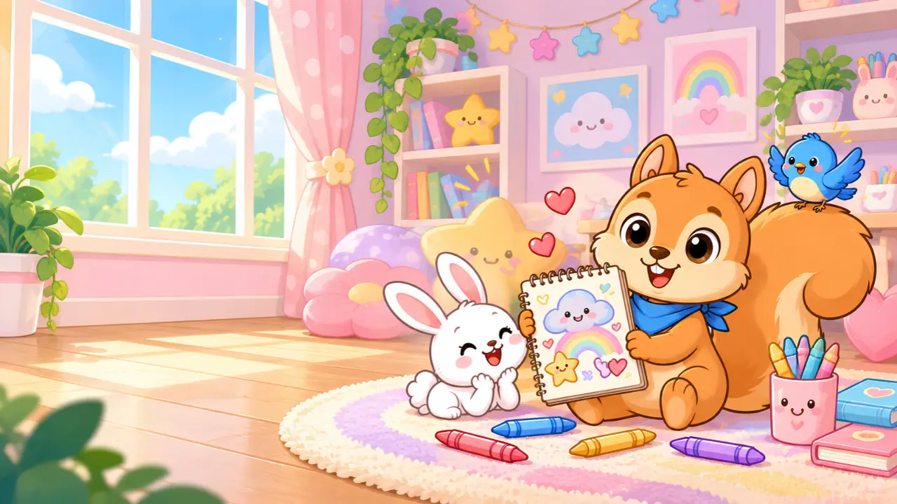 Chispas enseñando un dibujo kawaii junto a un conejo en una habitación de colores pastel