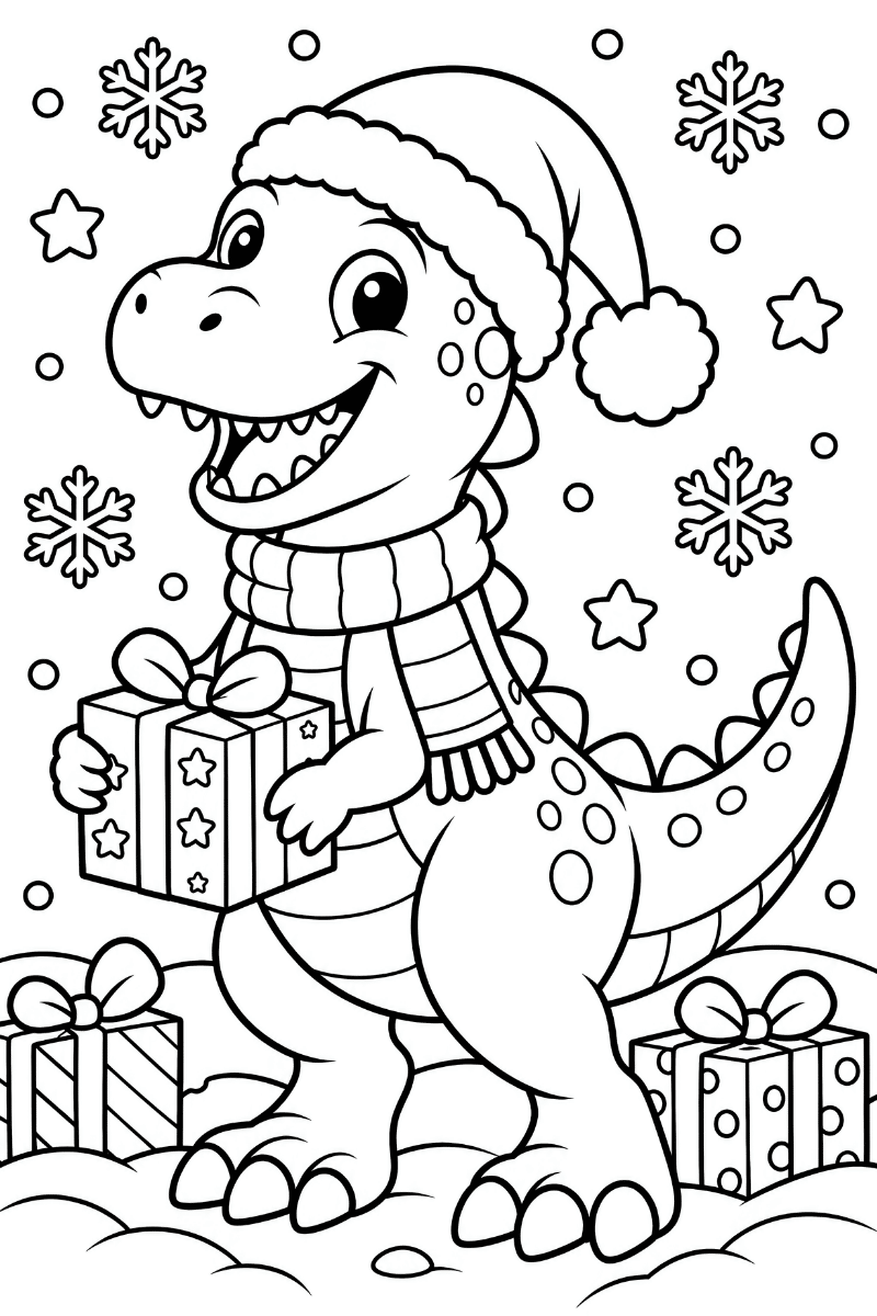 Dinosaurio de Navidad con gorro de Papá Noel y bufanda de rayas