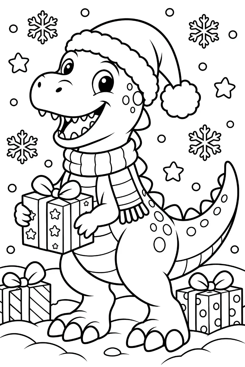 Dinosaurio de Navidad con gorro de Papá Noel y bufanda de rayas