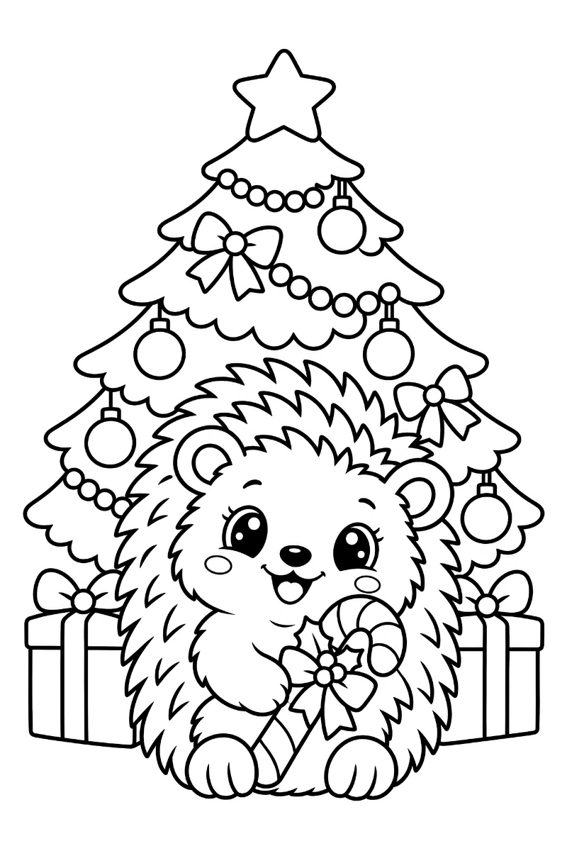 Erizo de Navidad con grandes púas y un dulce entre las patas