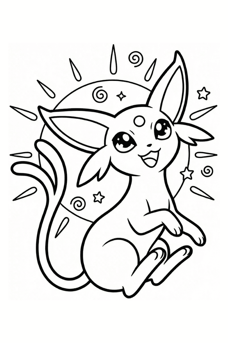 Espeon para colorear con expresión feliz y poderes psíquicos, dibujo infantil fácil de pintar de la evolución #196