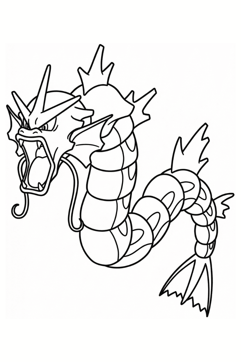 Dibujo de Gyarados para colorear rugiendo con la boca abierta y cuerpo de serpiente, estilo lineart en blanco y negro