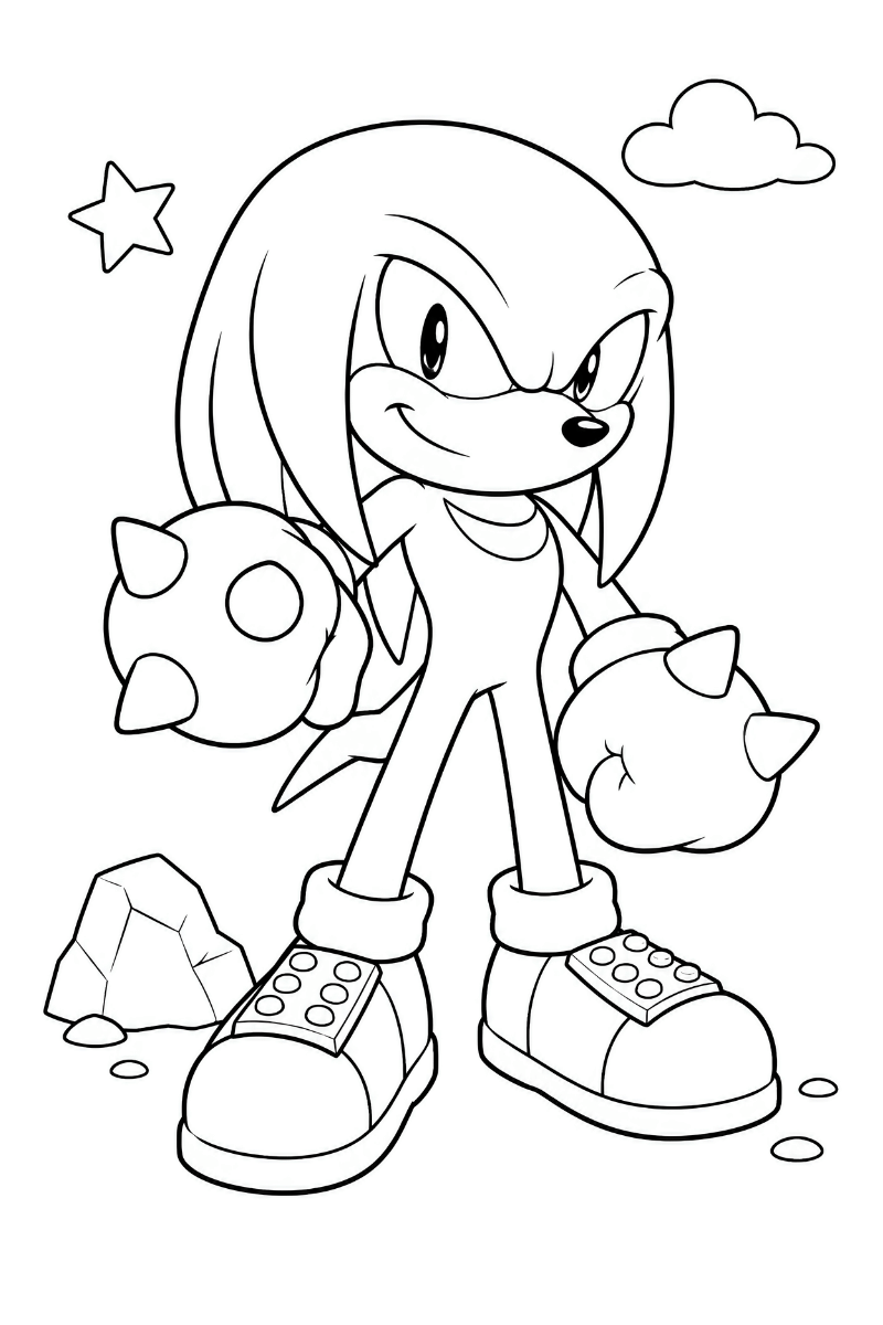 Knuckles para imprimir con guantes de pinchos, nube, estrella y roca en un dibujo para colorear