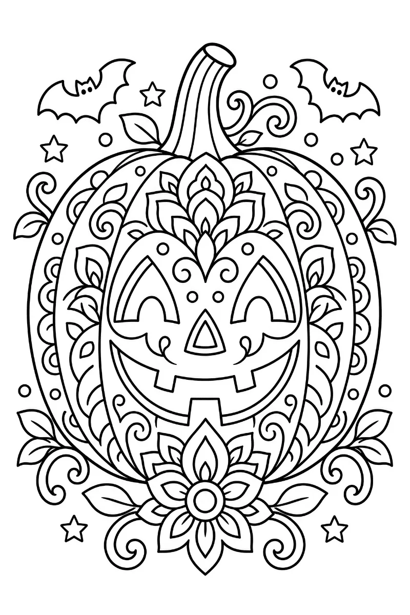 Mandala calabaza decorada con flores Y hojas, acompañada de murciélagos y estrellas