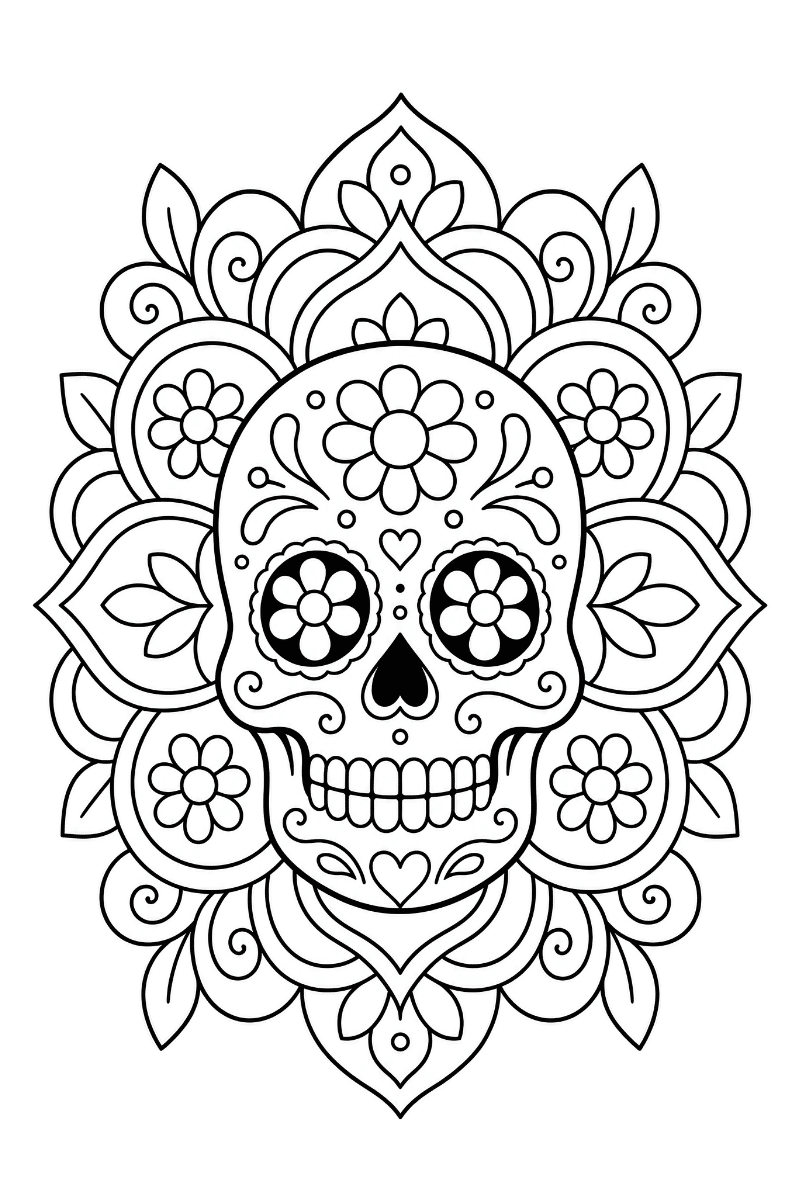Calavera decorada con flores, corazones, hojas y espirales dentro de un mandala para colorear