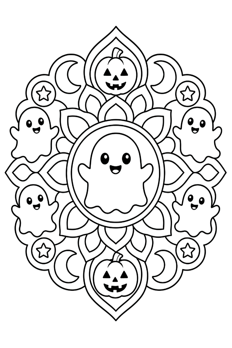 Mandala con cinco fantasmas sonrientes, dos calabazas, lunas, estrellas y adornos para colorear