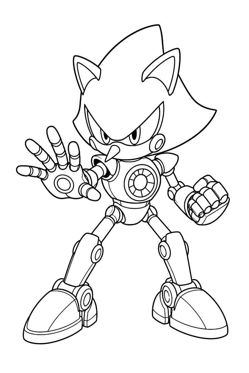 Metal Sonic con mano mecánica abierta y pose de combate en un dibujo para colorear