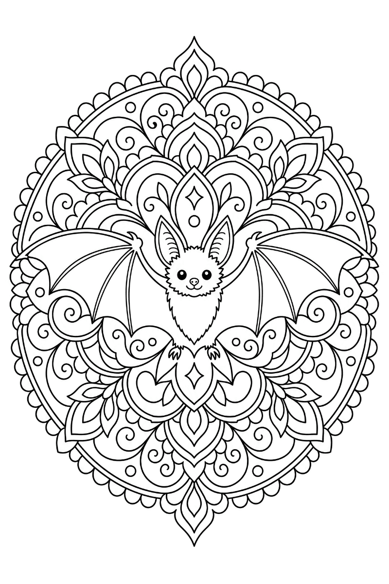 Mandala de murciélago con alas abiertas y muchos adornos florales para colorear