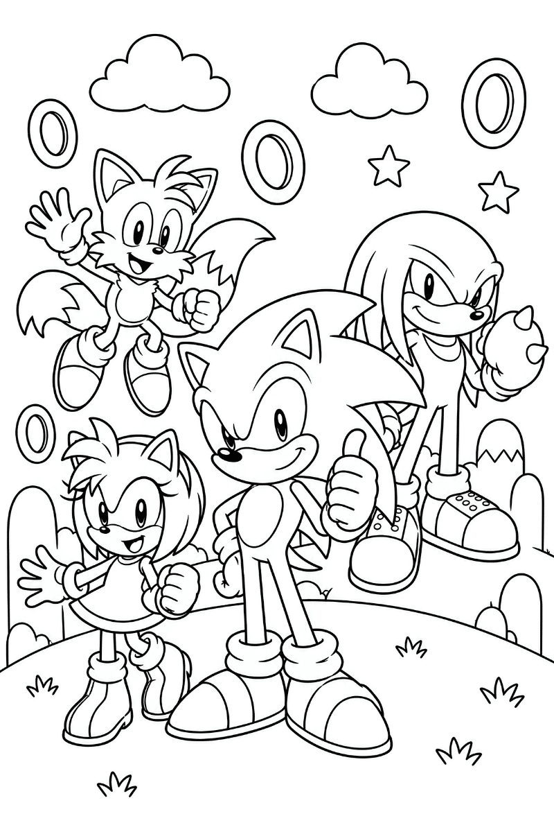 Sonic con Tails, Amy y Knuckles para colorear e imprimir