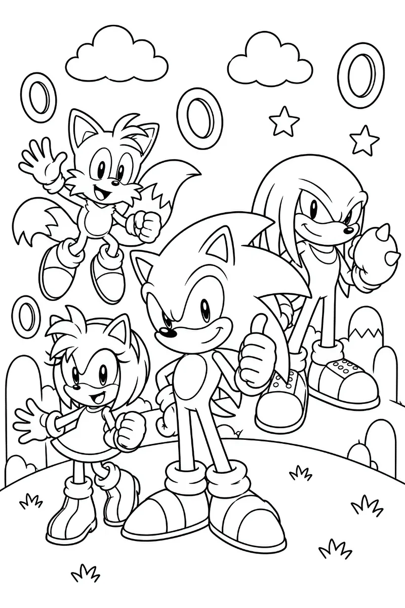 Sonic con Tails, Amy y Knuckles para colorear e imprimir
