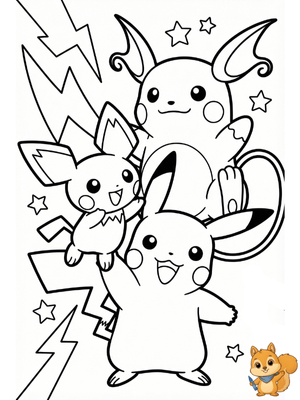 Dibujo para colorear: Pichu Pikachu y Raichu para colorear