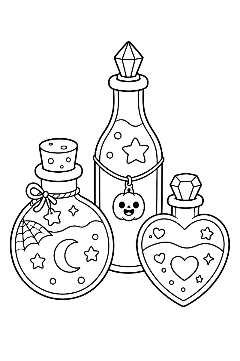 Tres pociones de Halloween para colorear con luna, estrellas, telaraña, corazones y calabaza