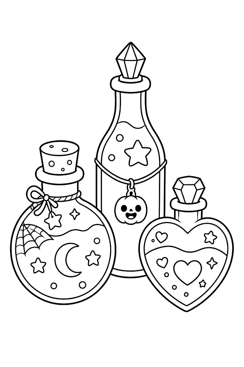 Tres pociones de Halloween para colorear con luna, estrellas, telaraña, corazones y calabaza