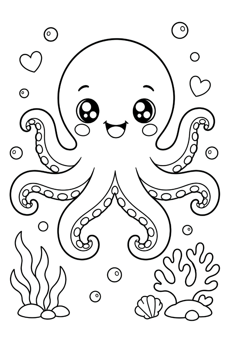 Pulpo kawaii sonriente con tentáculos, burbujas, corazones, algas y coral para colorear