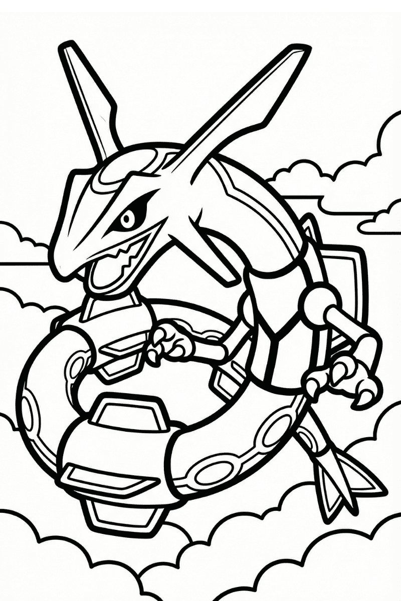Dibujo de Rayquaza para colorear volando entre nubes estilo Pokémon Esmeralda