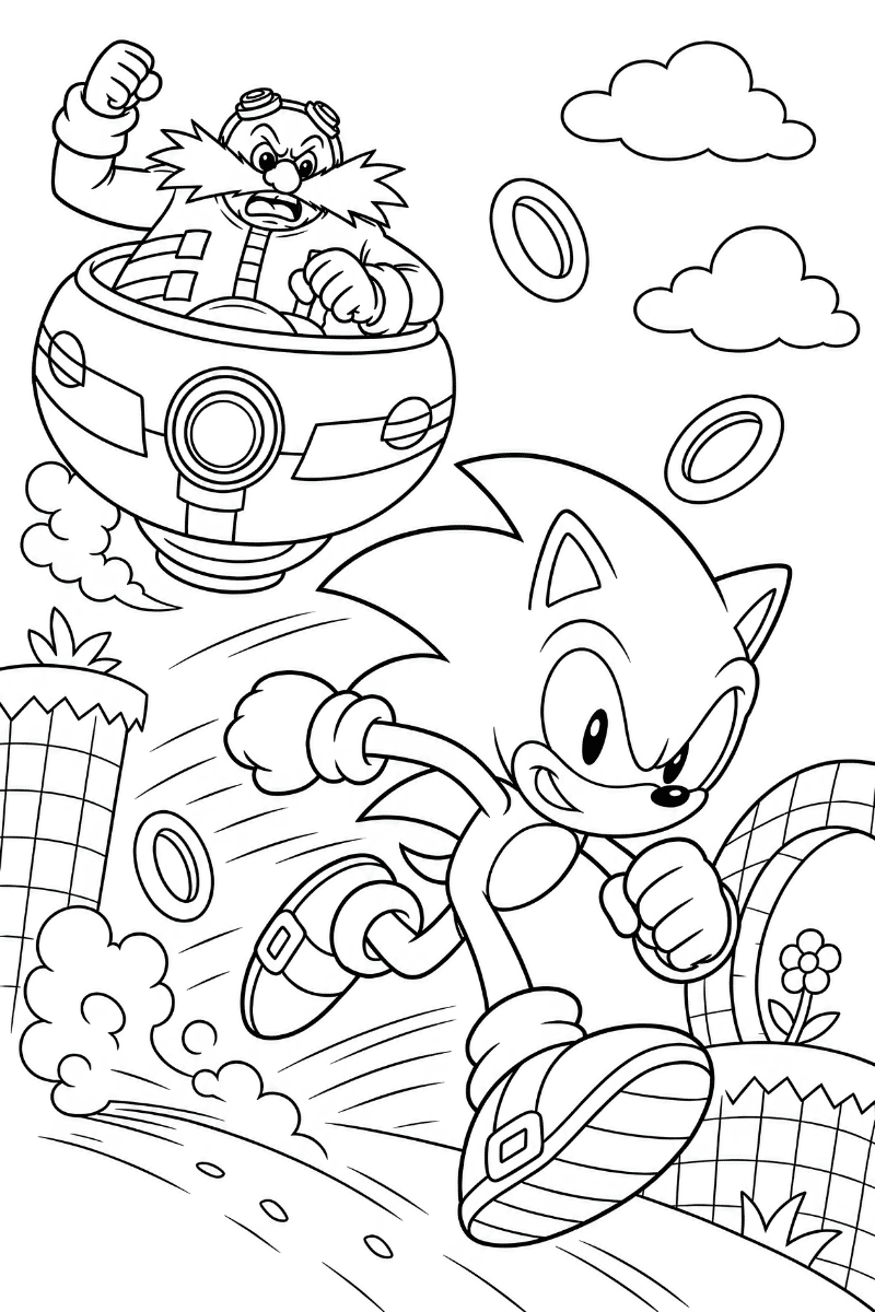 Sonic corriendo mientras Eggman lo persigue en una nave con anillos, nubes y camino curvo