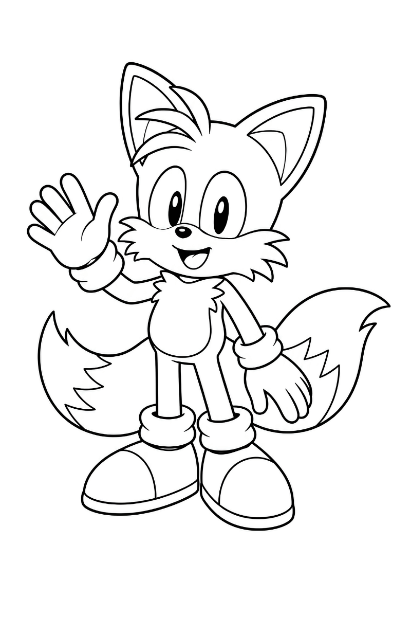 Tails saludando con sus dos colas grandes en un dibujo para colorear