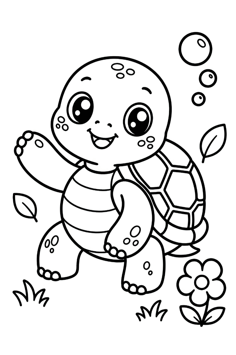 Tortuga kawaii para colorear con caparazón, flor, hojas y burbujas