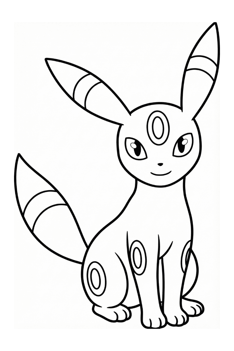 Dibujo de Umbreon para colorear sentado, con anillos en las patas y orejas largas, estilo línea negra sobre fondo blanco