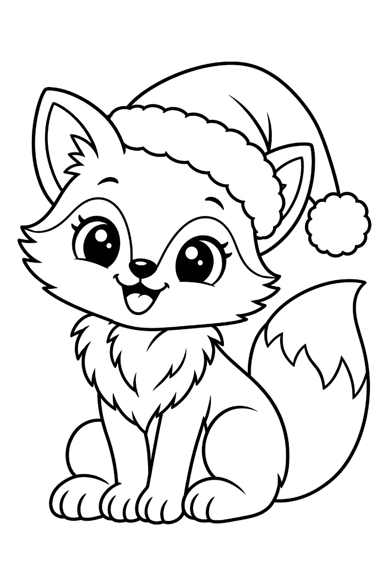Zorro de Navidad para colorear con gorro de Papá Noel y ojos grandes